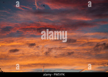 London, Großbritannien. 13. Oktober 2018. Dramatische rot und orange Himmel während einer Herbst Sonnenaufgang in Wimbledon Credit: Amer ghazzal/Alamy leben Nachrichten Stockfoto