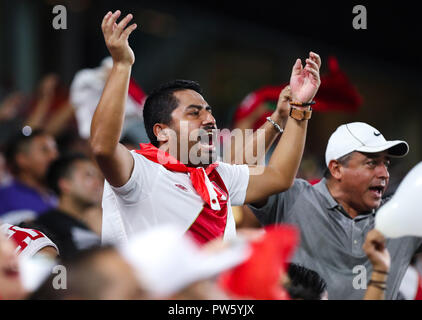 Miami Gardens, Florida, USA. 12 Okt, 2018. Eine peruanische Ventilator feiert während eines internationalen Freundschaftsspiel zwischen Peru und Chile Fußball-Nationalmannschaften, im Hard Rock Stadion in Miami Gardens, Florida. Credit: Mario Houben/ZUMA Draht/Alamy leben Nachrichten Stockfoto