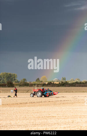 Melken Hügel fuhr, Willingham, Cambridge, Großbritannien, 13. Oktober 2018. Wettbewerber nehmen an den jährlichen pflügen Match unter einem Regenbogen in showery warmen Bedingungen. Es gibt Klassen für die verschiedenen Arten und der Größe des Traktors mit jeweils eigenen Grundstück zu pflügen. Richter Punkte für die Eröffnung Furche und in verschiedenen Phasen wie der Boden sauber über gedreht wird. Credit: Julian Eales/Alamy leben Nachrichten Stockfoto