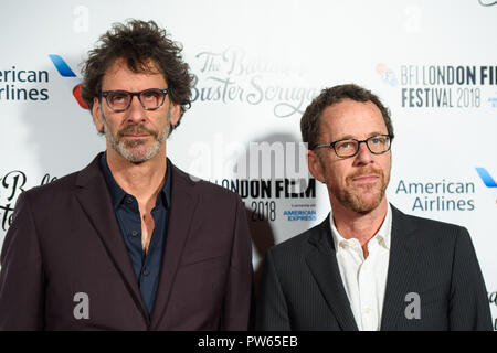 Ethan Coen und Joel Coen die Teilnahme an der Die Ballade von Buster Scruggs Premiere im Rahmen der BFI London Film Festival in der cineworld Leicester Square, London. PRESS ASSOCIATION Foto. Bild Datum: Freitag, Oktober 12th, 2018. Photo Credit: Matt Crossick/PA-Kabel Stockfoto