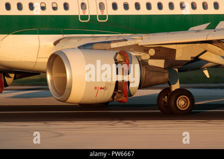 Nahaufnahme eines CFM56-Turbofan-Triebwerks auf einem Airbus A320-Flugzeug bei der Landung mit aktivierten Schubumkehrern. Linke Hauptrollen sind ebenfalls sichtbar. Stockfoto