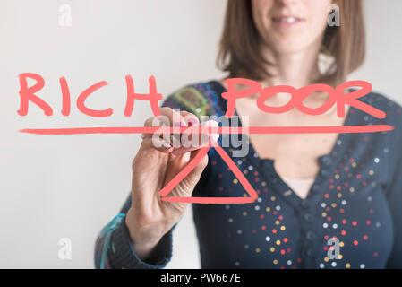 Reich - Schlechte Balance Konzept mit einer Frau Zeichnung einer Wippe mit Text auf einem virtuellen Bildschirm. Stockfoto