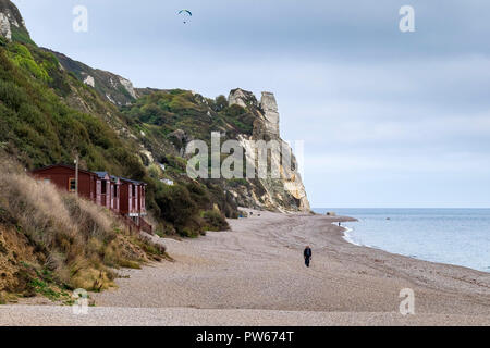 Ein Blick über den Strand von Branscombe Hooken Klippe in Devon. Stockfoto