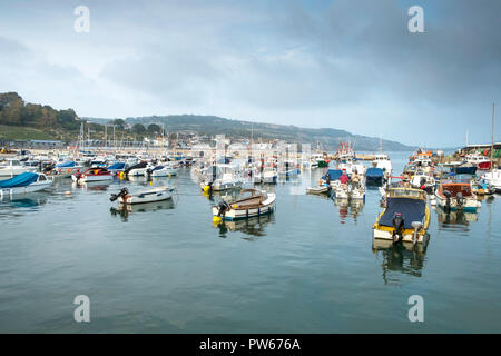 Boote in Lyme Hafen Cobb günstig; in der Küstenstadt Lyme Regis in Dorset. Stockfoto