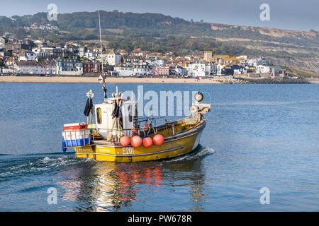 Ein kleines Fischerboot E201 verlassen Lyme Hafen in Lyme Regis in Dorset. Stockfoto