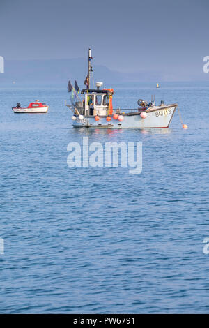 Ein Fischerboot ein kleines Motorboot an der Küste von Dorset verankert. Stockfoto