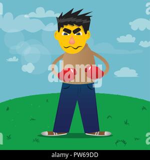 Gelbe Mann seine Fäuste Holding vor ihm bereit zu kämpfen Boxhandschuh. Vektor Cartoon Illustration. Stock Vektor
