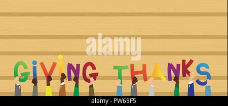 Diverse Hände, die Buchstaben des Alphabets das Wort Danken erstellt. Vector Illustration. Stock Vektor