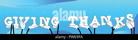 Diverse Hände, die Buchstaben des Alphabets das Wort Danken erstellt. Vector Illustration. Stock Vektor