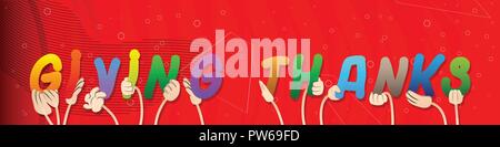 Diverse Hände, die Buchstaben des Alphabets das Wort Danken erstellt. Vector Illustration. Stock Vektor