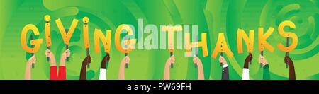 Diverse Hände, die Buchstaben des Alphabets das Wort Danken erstellt. Vector Illustration. Stock Vektor