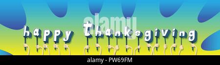 Diverse Hände, die Buchstaben des Alphabets das Wort Happy Thanksgiving erstellt. Vector Illustration. Stock Vektor