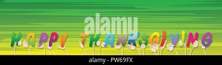 Diverse Hände, die Buchstaben des Alphabets das Wort Happy Thanksgiving erstellt. Vector Illustration. Stock Vektor