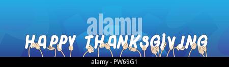 Diverse Hände, die Buchstaben des Alphabets das Wort Happy Thanksgiving erstellt. Vector Illustration. Stock Vektor