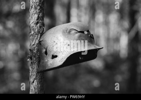 Durch Kugeln und Granatsplittern Metal Helm der Deutschen Infanterie Soldat der Wehrmacht im Zweiten Weltkrieg beschädigt Rusty Helm Hängen am Baum. Foto in Schwarz Stockfoto