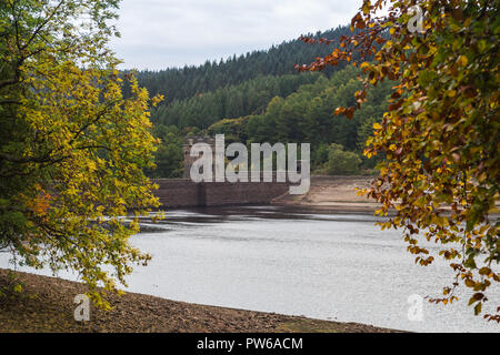 Derwent Damm durch die Farben des Herbstes im Peak District eingerahmt. Aufgrund der heißen Sommer und wenig Regen fallen, die drei Stauseen entlang der Derwent Val Stockfoto