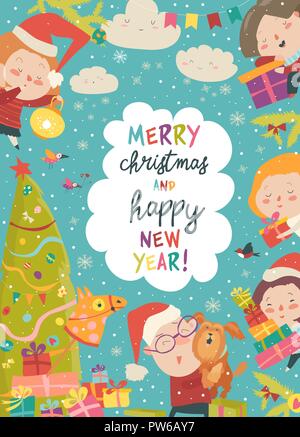 Süße Weihnachten Rahmen mit lustigen Cartoon Kinder Stock Vektor
