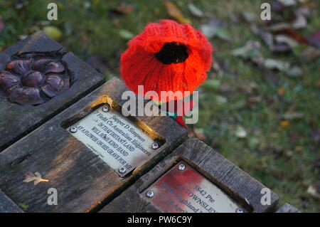 Einen gestrickten Poppy für einen Soldaten der Australischen Ingenieuren an der Lochnagar Krater memorial Links, La Boisselle, Frankreich Stockfoto