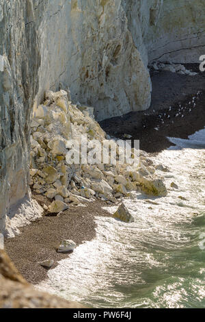 Seaford head UK cliff Erosion bröckelnden Kreidefelsen nehmen ein Zerschlagen von der Elemente Sea Wind und Regen. Verwitterte Oberflächen zeigen Feuerstein Felsen innerhalb Stockfoto