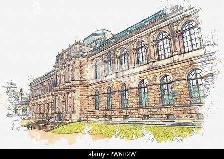 Ein Aquarell Skizze oder Zeichnung. Zwinger in Dresden in Deutschland. Stockfoto