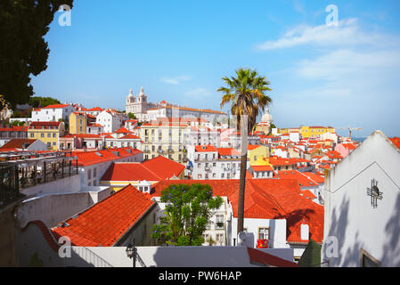 Luftaufnahme von Alfama, Lissabon an einem hellen Tag mit orange-roofed weißen Gebäuden und Palmen. Stockfoto