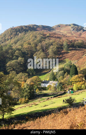 Blick hinunter auf das Dorf Seatoller, Borrowdale, Cumbria, England, Großbritannien Stockfoto