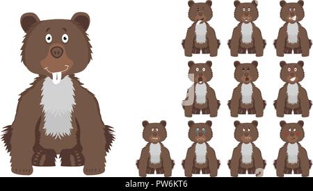 Vector Illustration Satz von netten und lustigen Cartoon kleine braune Bärin mit Mimik Stock Vektor