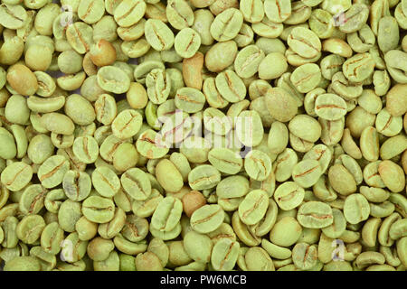 Grüne Kaffeebohnen Hintergrund schliessen. Ansicht von oben Stockfoto