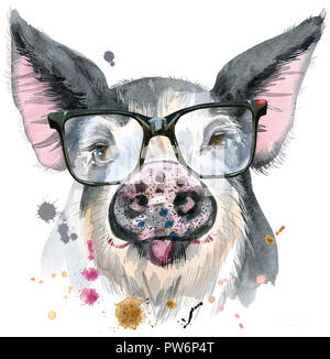 Süße Schweinchen. Schwein mit Brille für T-shirt Grafiken. Aquarell Schwein in schwarzen Flecken Abbildung Stockfoto