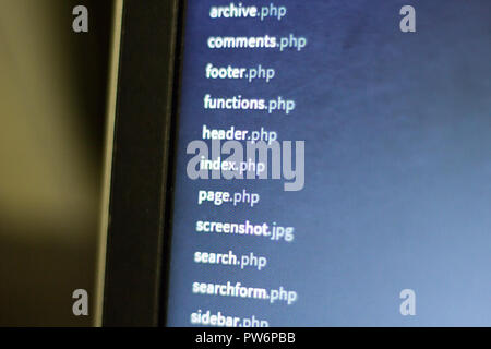 Web Development Project file system. PHP-Skripte Dashboard auf dem Laptop Bildschirm. Stockfoto
