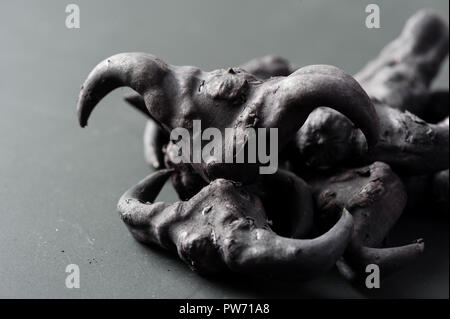 Wasser caltrop auf schwarzem Hintergrund, Wasser, Kastanie, Trapa natans Stockfoto