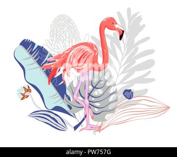 Handzeichnung rosa Flamingo mit Blumenstrauß aus tropischen Blättern und f Stock Vektor
