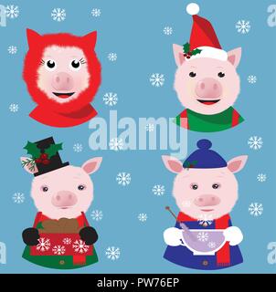Weihnachten Sammlung mit lustigen Schweine in Kappen Stock Vektor