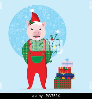 Nettes Schwein mit Geschenken und Weihnachtsbaum. Weihnachtskarte. Stock Vektor