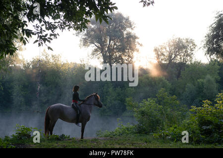 Junge Frau ein Pferd reiten auf eine schöne Landschaft. Klare See am Morgen Nebel. Stockfoto