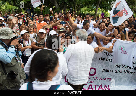 Des neu gewählten Präsidenten von Mexiko, Andres Manuel Lopez Obrador bei seinem Besuch in Merida, Yucatan, Oktober 2018. Stockfoto