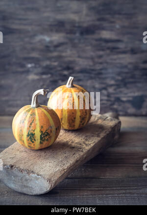 Dekorative Kürbisse auf dem hölzernen Hintergrund Stockfoto