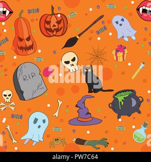 Vektor Halloween nahtlose Muster im Comic-stil. Abstrakte geometrische Hintergrund mit dem bösen Kürbisse, Cat, Geister, Knochen, Graves, Vampire und Tränke Stock Vektor
