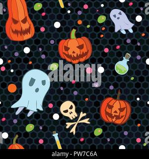 Vektor Halloween nahtlose Muster im Comic-stil. Abstrakte geometrische Hintergrund mit dem bösen Kürbisse, bat, Geister, Knochen und Tränke. Stock Vektor