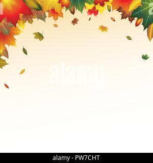 Illustrierte Vektor der verschiedenen Rot, Orange, Braun, Grün und gelben Blätter im Herbst Dekoration oben auf einer Seite ein Rand/Rahmen Hintergrund erstellen Stock Vektor