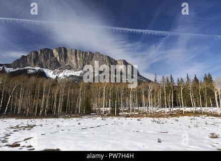 Schneebedeckte Prairie Meadow, Mount Yamnuska John Laurie Mountain Peak Aspen Forest Landscape. Alberta Foothills Canadian Rocky Mountains Blue Skyline Stockfoto