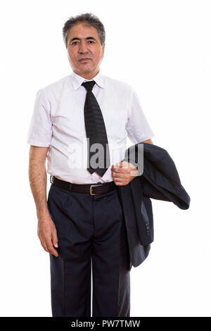 Studio shot der Persischen Kaufmanns holding Jacke Stockfoto