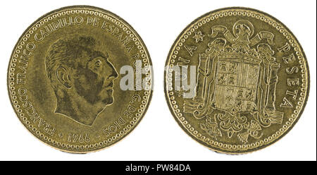 Alte spanische Münze von 1 Peseta, Francisco Franco. Jahr 1966, 19 73 in den Sternen. Stockfoto