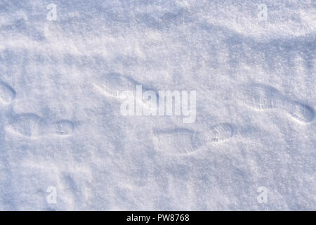 Mehrere menschlichen Fuß druckt in der Schuhe auf dem weißen frisch gefallenen Schnee. Stockfoto