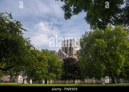 Münster überragt die Leute sitzen auf dem Rasen unter den Bäumen & blauer Himmel, entspannen im Sommer Sonne im malerischen Dean's Garden York, North Yorkshire, England, UK. Stockfoto