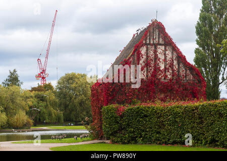 Herbst Blick auf Kanada Gänse stehen, See & Virginia Creeper auf lych-gate-schönen, friedlichen städtischen Rowntree Memorial Park, York, England, Großbritannien Stockfoto