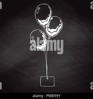 Drei ballons Skizze mit der Karte auf einem Seil. Für Text, herzlichen Glückwunsch. Hand Kreide an die Tafel gezeichnet. Vector Illustration Stock Vektor