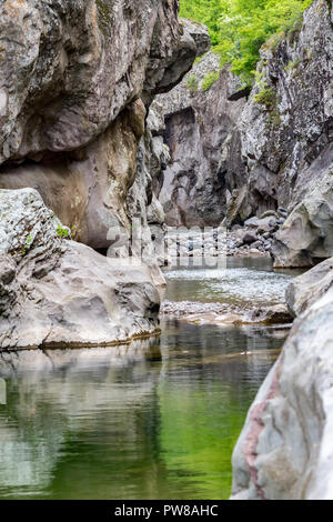 Schönen natürlichen Szene der kleinen Schlucht in den Canyon in Rhodopen, Bulgarien, grünen Reflexionen in das fließende Wasser vom Frühjahr gre Stockfoto