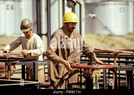 Ziehen Sie die Ventile an der Algier Naftec Raffinerie, einer Tochtergesellschaft von Sonatrach, einer von vier Algeriens Raffinerien. Kohlenwasserstoffe spielen eine entscheidende Rolle in der algerischen Wirtschaft, entfallen rund 60 % der Haushaltseinnahmen und über 95% der Exporterlöse. Die US-amerikanische Energy Information Administration berichtete, dass im Jahr 2005, Algerien hatte 160 Billionen Kubikfuß (TCF) der nachgewiesenen Erdgasreserven, die achtgrößte der Welt. Stockfoto