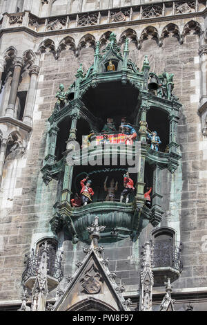 Nahaufnahme der Glockenspiel auf dem Marienplatz, München. Stockfoto